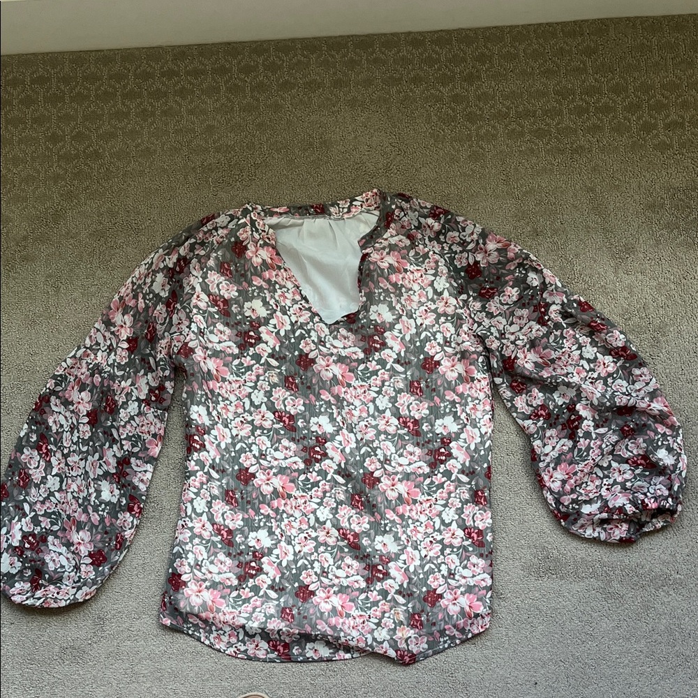 Floral V-Neck Long Sleeve Blouse - Pink & Gray